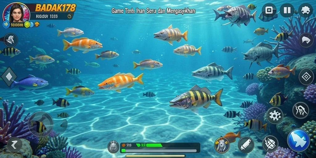 Tampilan gameplay seru dalam BADAK178 saat berburu ikan.