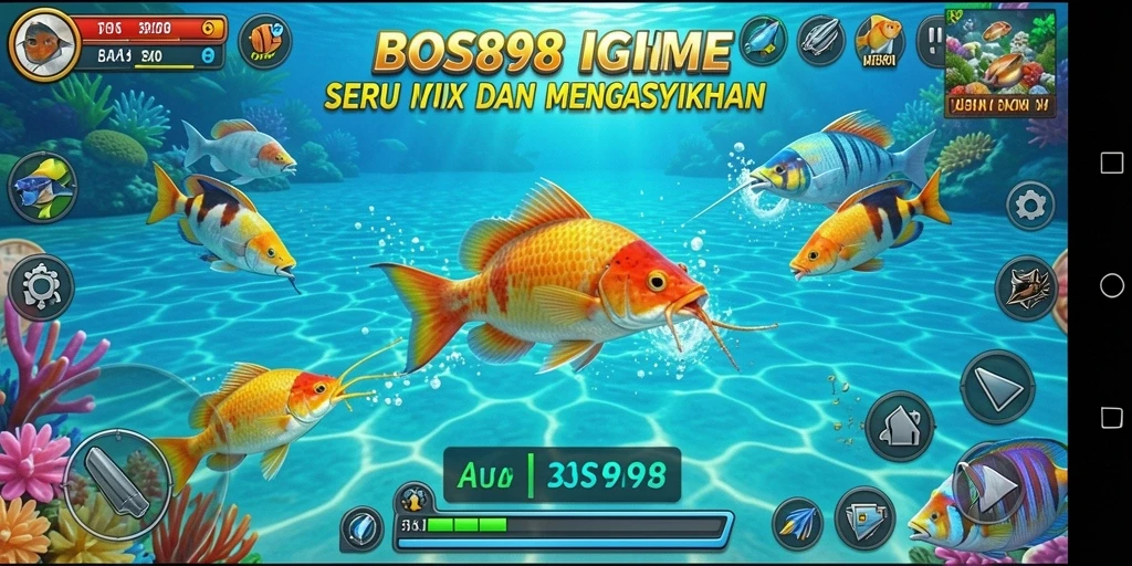 Screenshot menunjukkan momen intens menembak ikan di laut yang cerah.