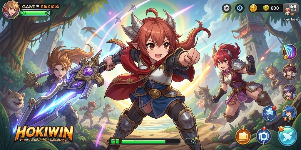 Tangkapan layar gameplay HOKIWIN yang menampilkan aksi karakter anime.
