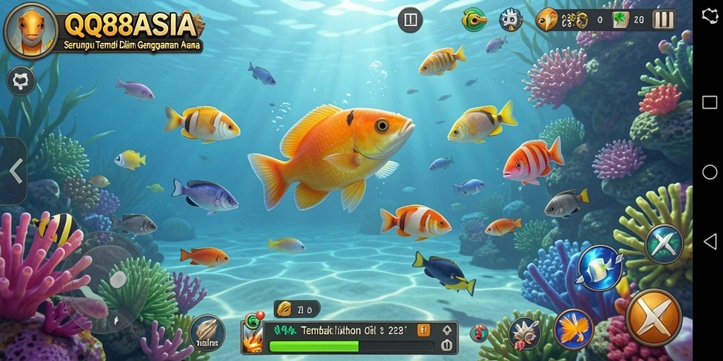 Screenshot gameplay QQ88ASIA dengan aksi tembak ikan yang seru.